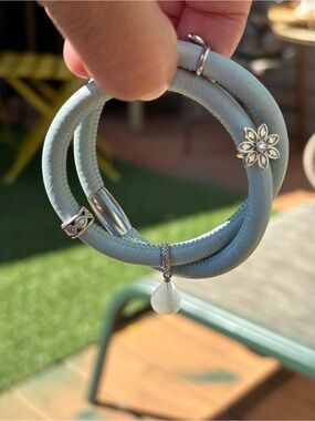 Women’s Light Blue Leather Wrapped Bracelet with Floral Charm